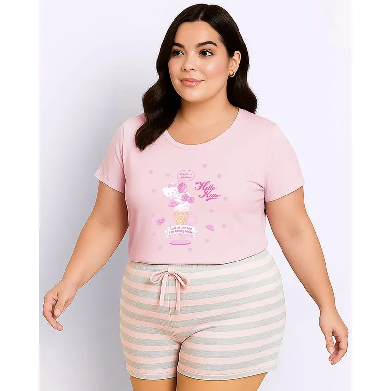 Pijama Plus Size Feminino Curto Hello Kitty Rosa 50