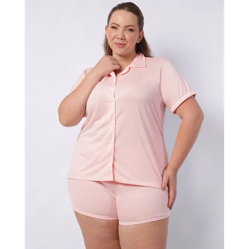 Pijama Plus Size Feminino Curto Americano Rosa 48