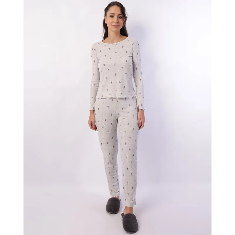 Pijama Feminino Longo com Frufru Estampado Florzinhas Cinza G