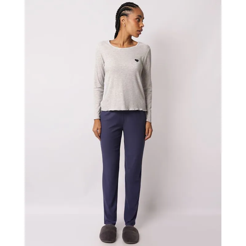 Pijama Feminino Longo Ribana Com Bordado Cinza P