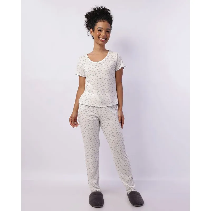 Pijama Feminino Longo com Frufru Estampado Corações Off White P