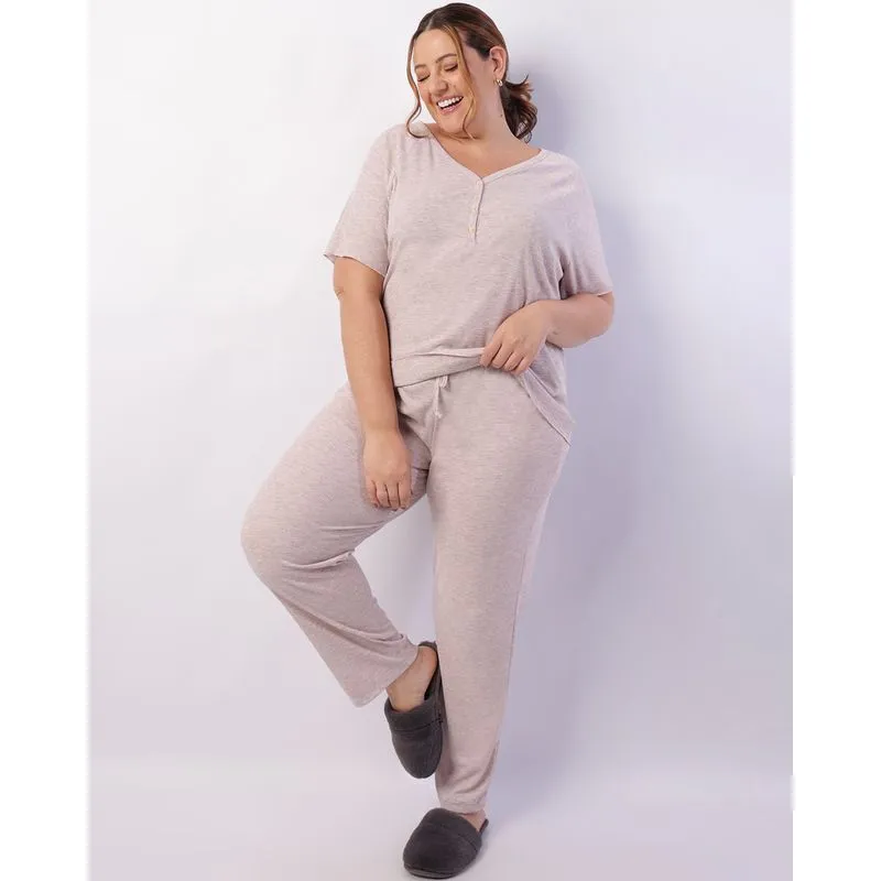 Pijama Plus Size Feminino Longo Canelado com Botões Rosa 48