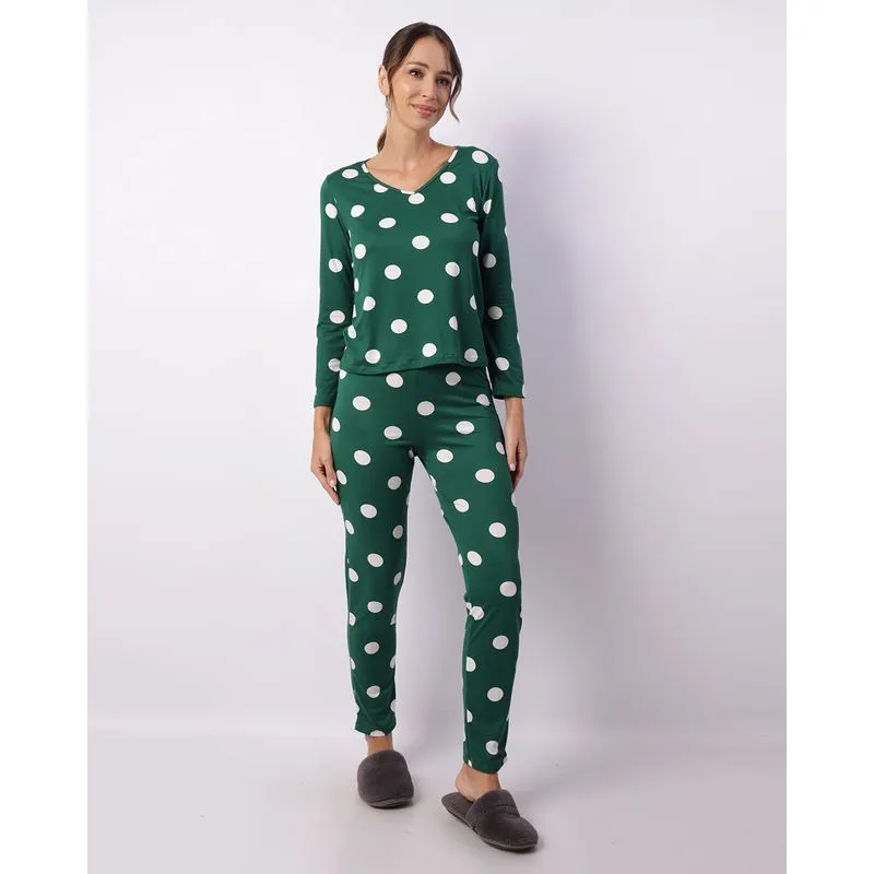Pijama Feminino Longo Estampa Poá Decote V Verde M