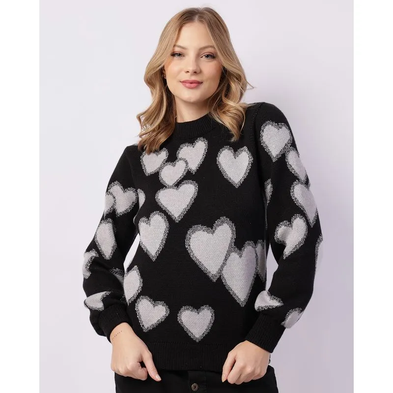 Suéter Feminino Tricô Estampado Coração Preto G