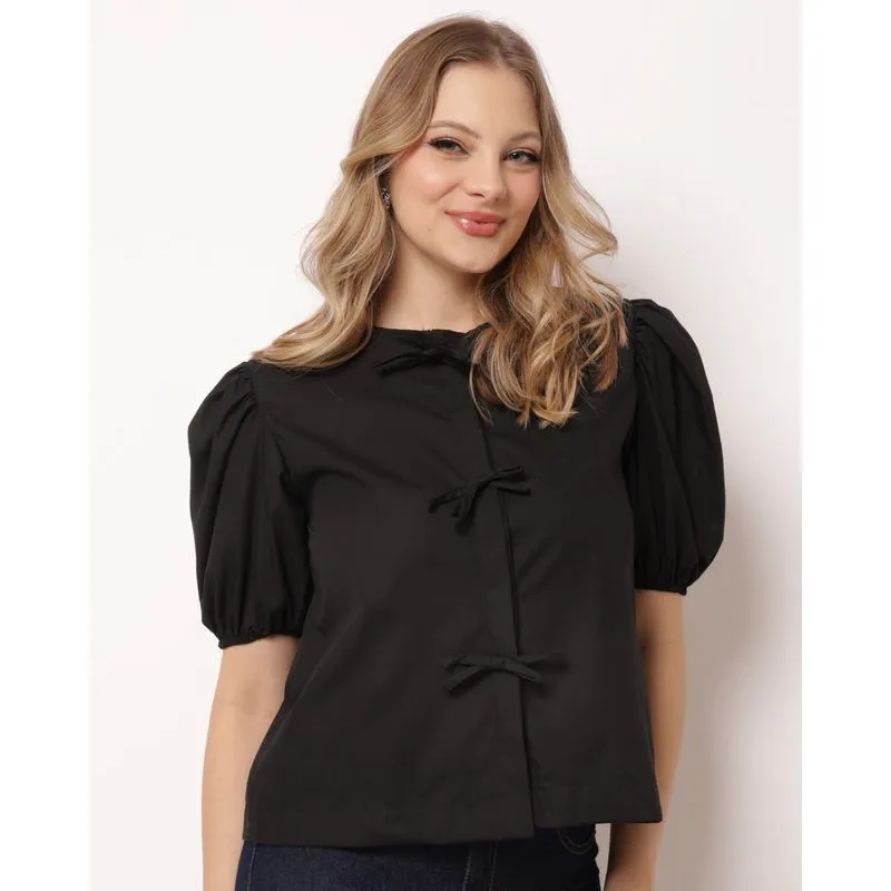 Camisa Feminina Manga Bufante com Laços Preta GG