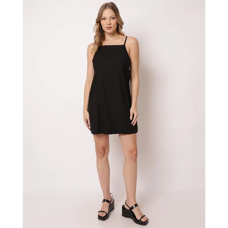 Vestido Feminino Curto Linho Evase com Alcinha Preto P