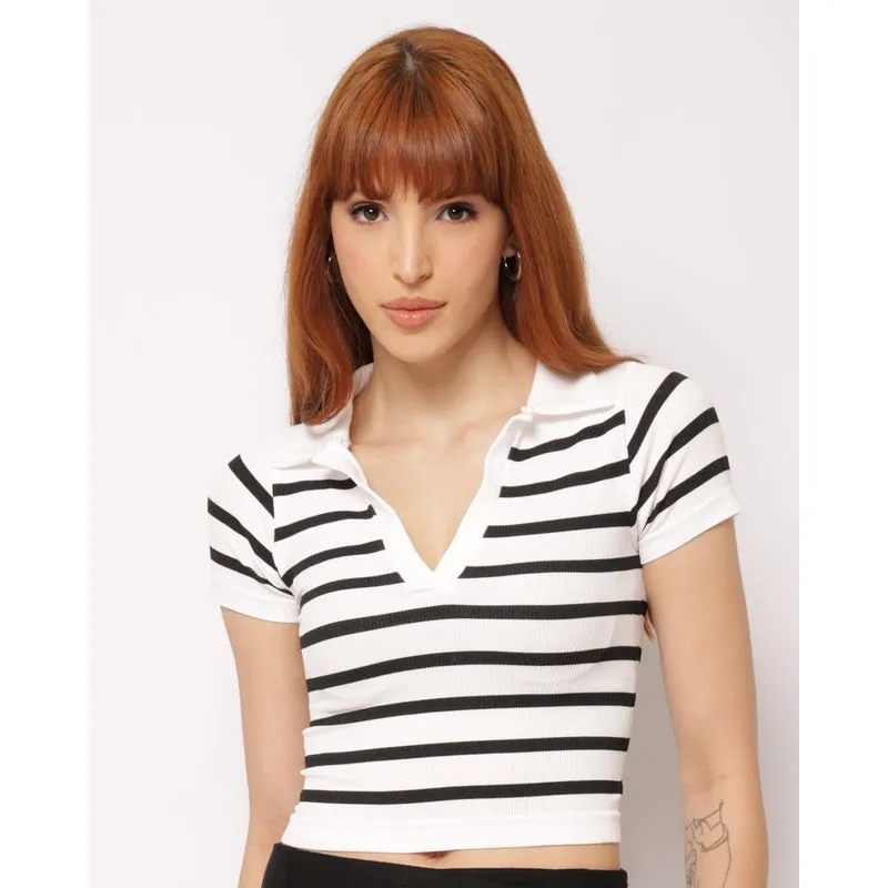 Blusa Polo Feminina Cropped Canelada Listrada Branca M