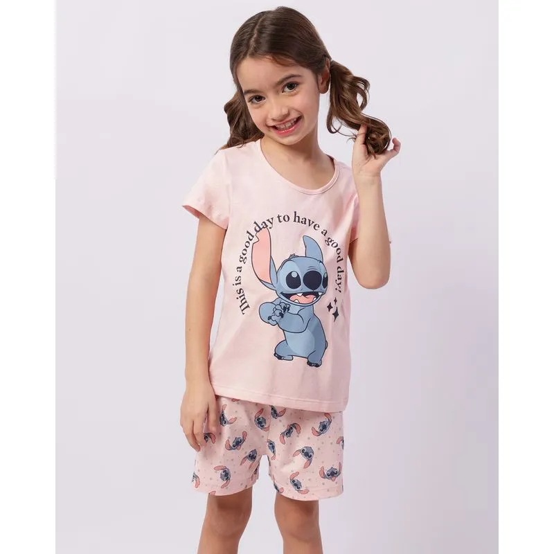 Pijama Infantil Curto Estampado Disney Stitch Rosa 10