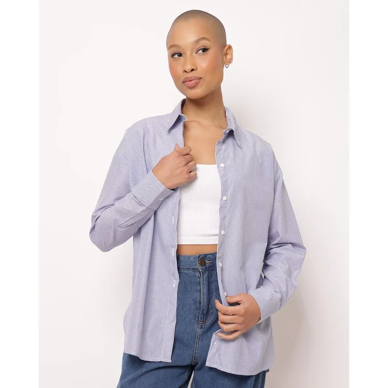 Camisa Feminina Manga Longa Listrada Azul P