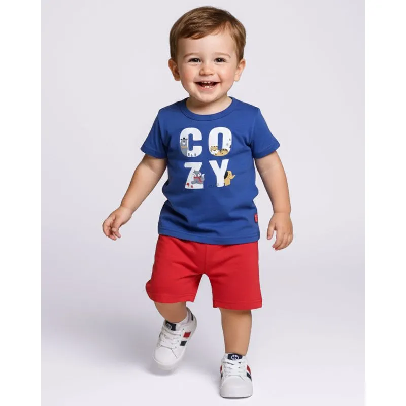Conjunto Bebê Algodão Curto Estampa Animais e escrita Cozy Azul 2