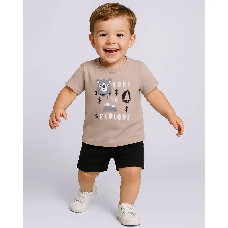 Conjunto Bebê Curto Estampa Urso Manga Curta Bege 2