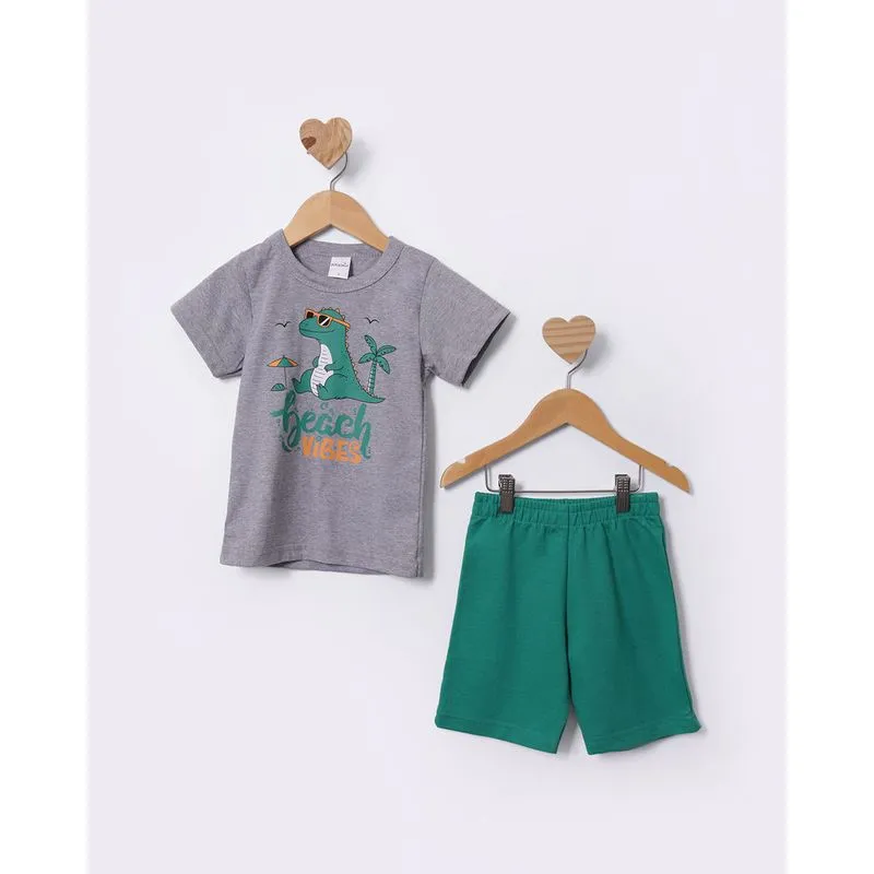 Conjunto Bebê Curto Estampa Dinossauro Cinza 2