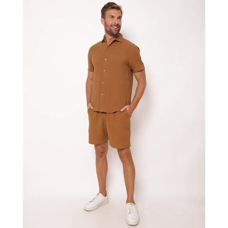 Bermuda Masculina Algodão Texturizada com Bolsos Marrom M