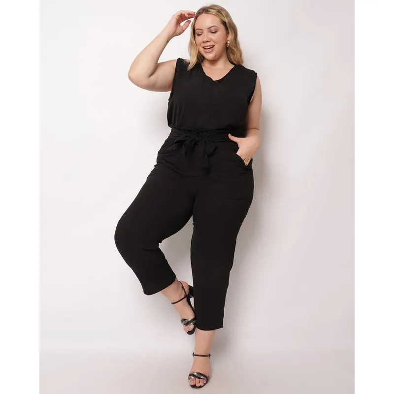 Calça Plus Size Feminina Berry & Co. Reta com Amarração Preta G2