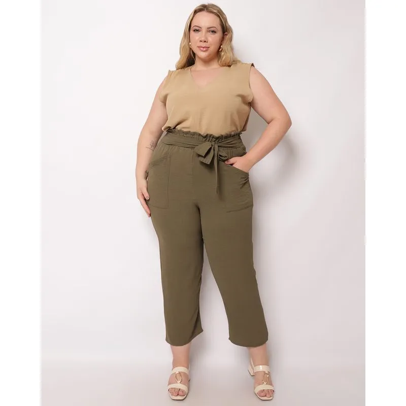 Calça Plus Size Feminina Berry & Co. Reta com Amarração Verde G1