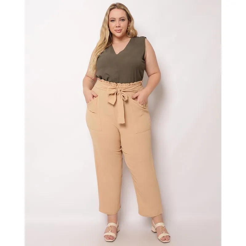 Calça Plus Size Feminina Berry & Co. Reta com Amarração Bege G1