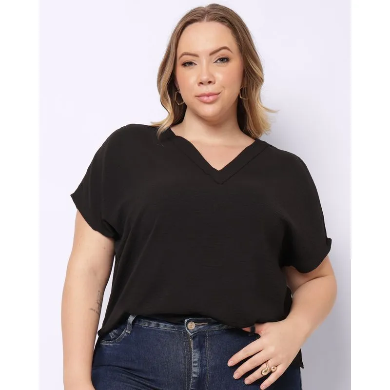 Blusa Plus Size Feminina Berry & Co. Manga Curta Preta G1