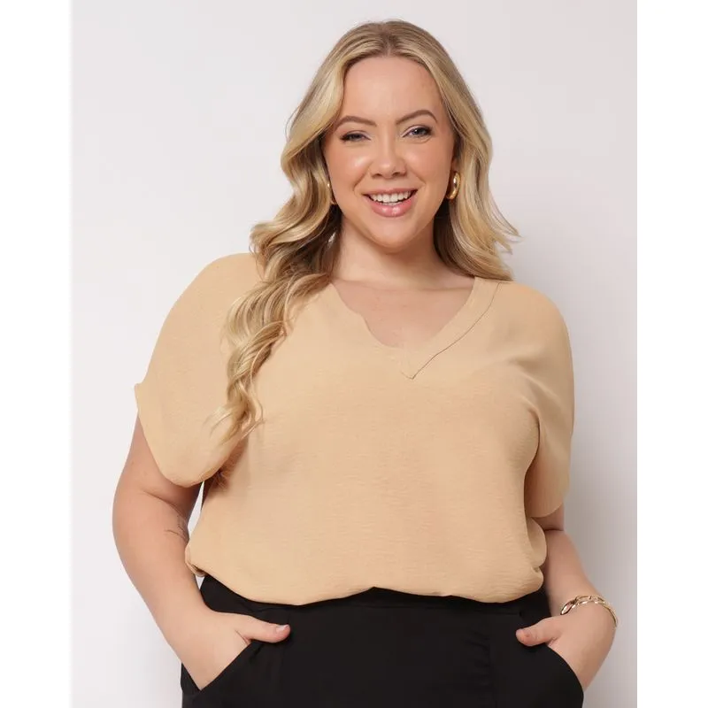 Blusa Plus Size Feminina Berry & Co. Manga Curta Bege G1