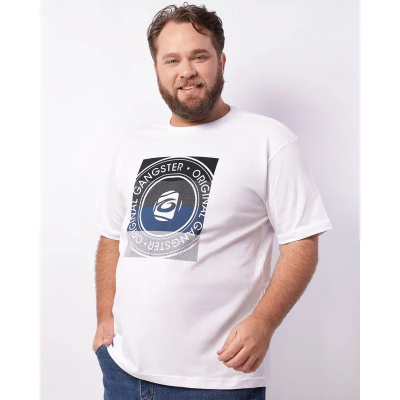 Camiseta Plus Size Masculina Gangster Manga Curta Branca G4