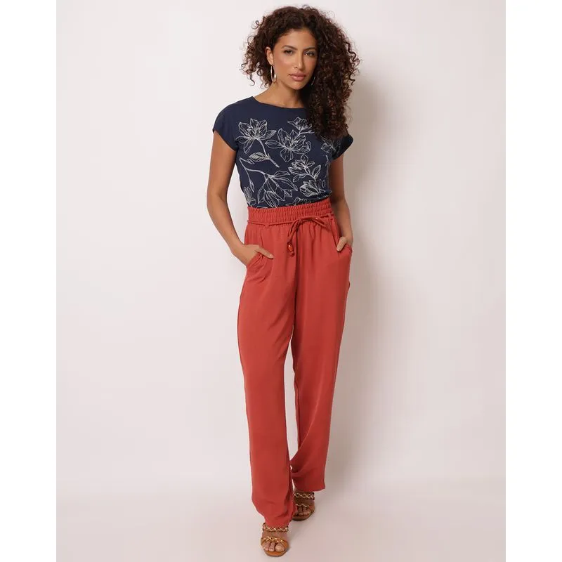 Calça Feminina Berry & Co. Reta com Cordão Terracota P