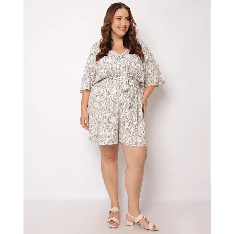 Macaquinho Plus Size Feminino Berry & Co. Viscose Estampado Bege G2