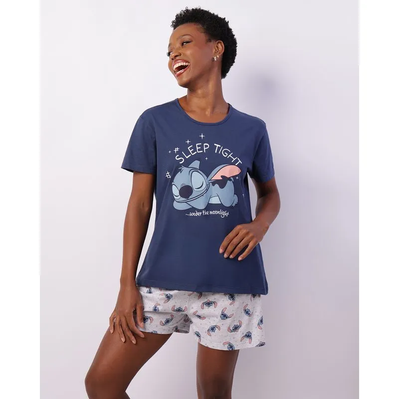 Pijama Feminino Curto Disney Stitch Azul G