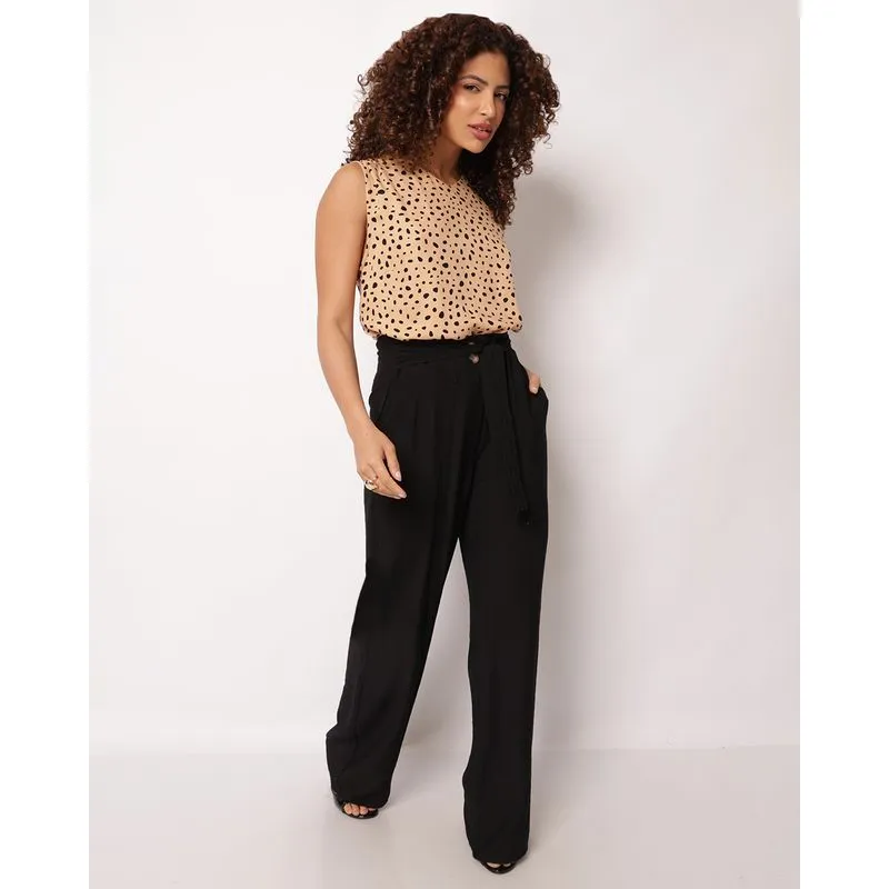 Calça Feminina Berry & Co. Pantalona Poliviscose com Cinto Preta GG