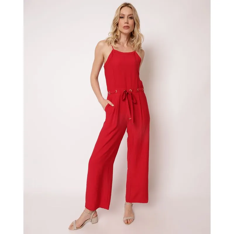Macacão Feminino Longo Berry & Co. Poliviscose com Ilhós Bolsos Vermelho G