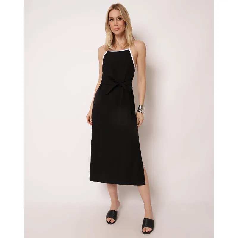 Vestido Feminino Berry & Co. Midi Viscose com Fendas Preto P