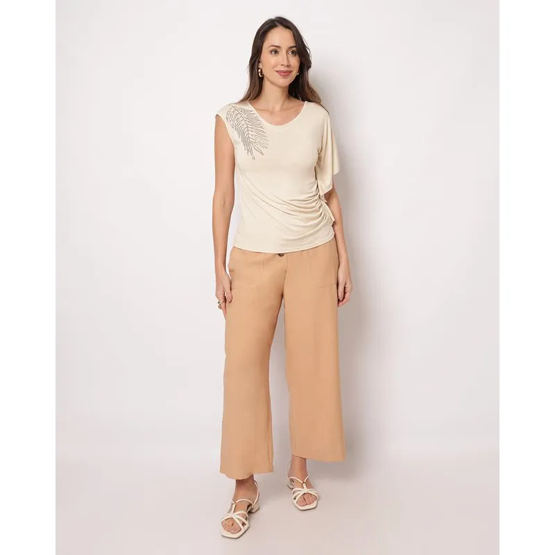 Calça Feminina Berry & Co. Wide Leg com Botões Bege G