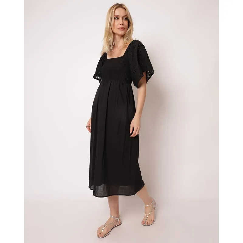 Vestido Feminino Midi Berry & Co Laise Lastex Manga Curta Preto GG