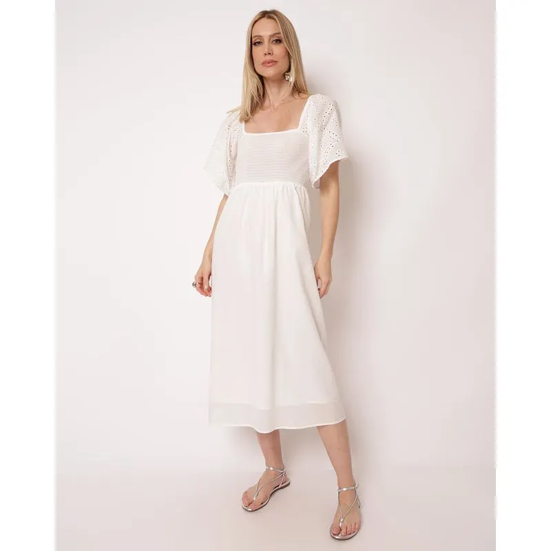 Vestido Feminino Berry & Co. Midi Laise Lastex Manga Curta Branco P