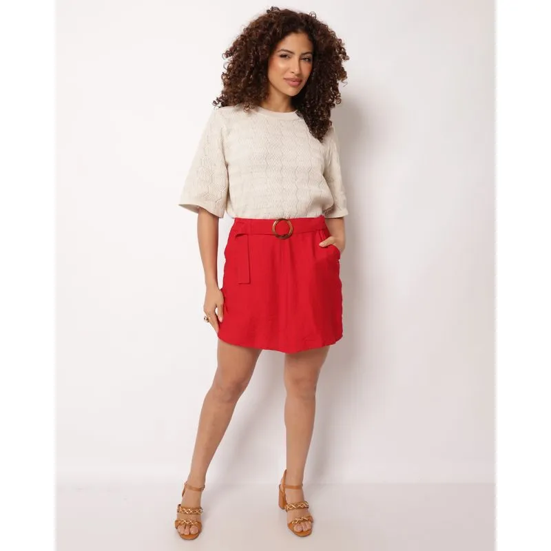 Short Saia Feminino Berry & Co. Poliviscose com Cinto Vermelho P