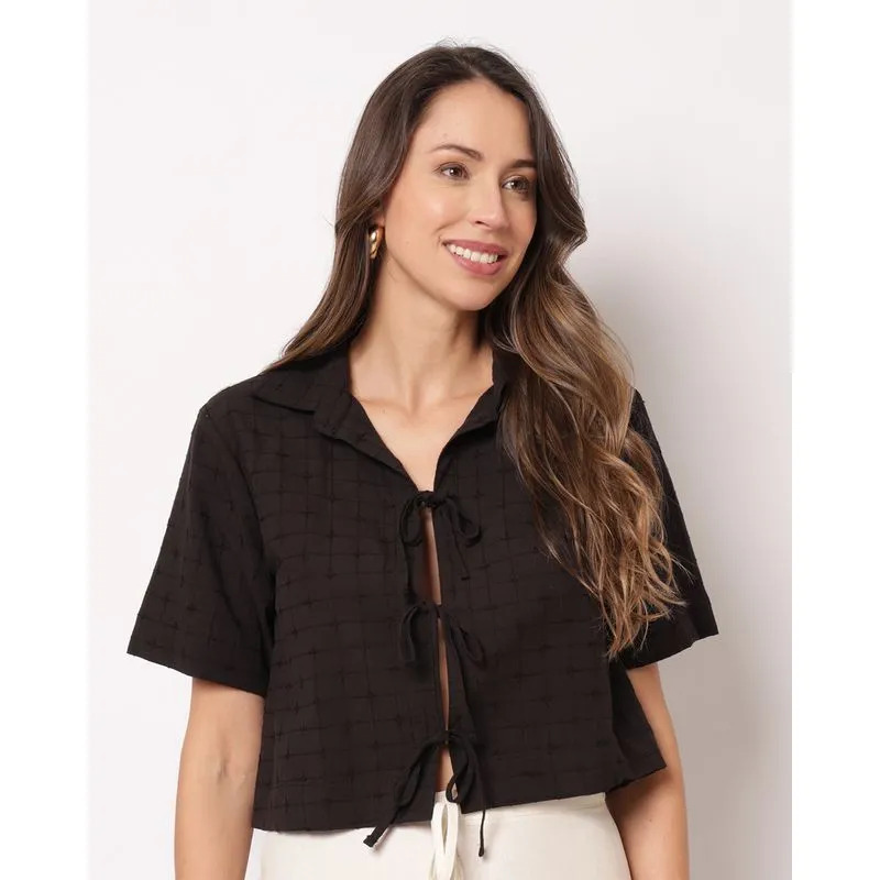 Camisa Feminina Berry & Co. Cropped Algodão Amarração Preta GG
