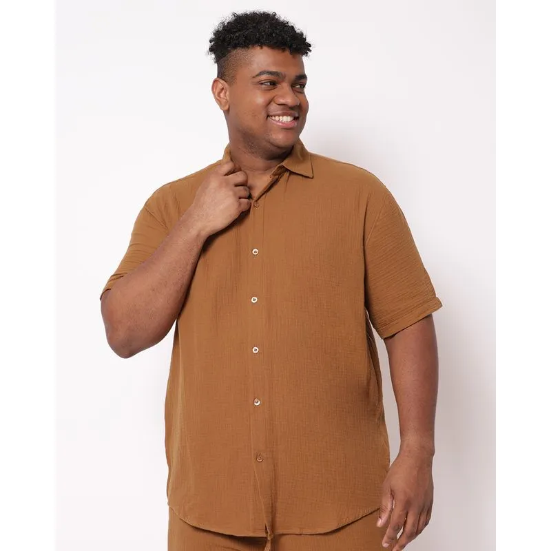 Camisa Plus Size Masculina Algodão Texturizada Marrom G1