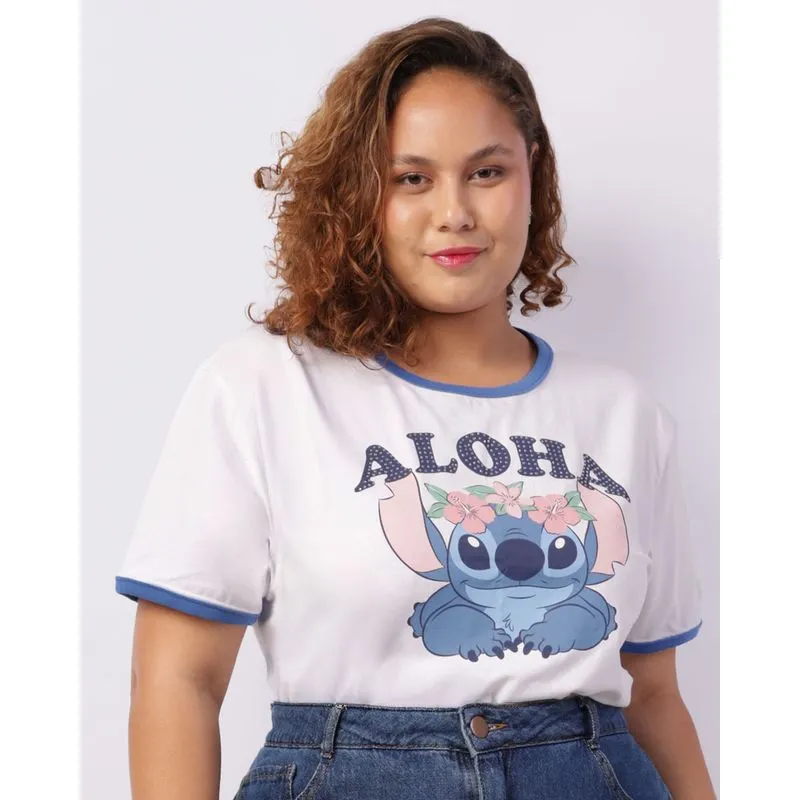 Camiseta Plus Size Disney Stitch Cropped Branca G3