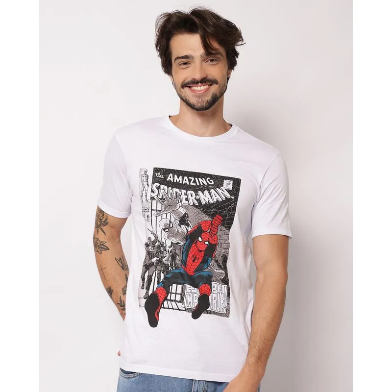 Camiseta Masculina Algodão Marvel Homem Aranha Manga Curta Branca G