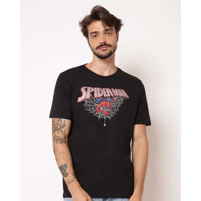 Camiseta Masculina Algodão Homem Aranha com Estampa Preta P