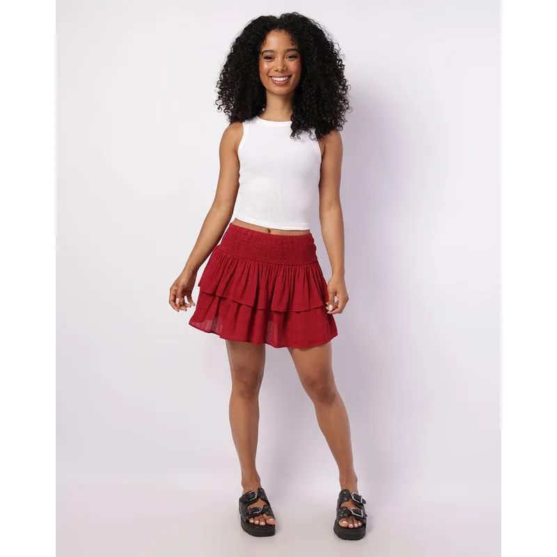 Saia Feminina Berry & Co. Curta Viscose com Babados Lastéx Vinho G
