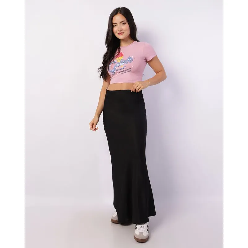 Saia Feminina Longa Berry & Co. Cetim Preta GG