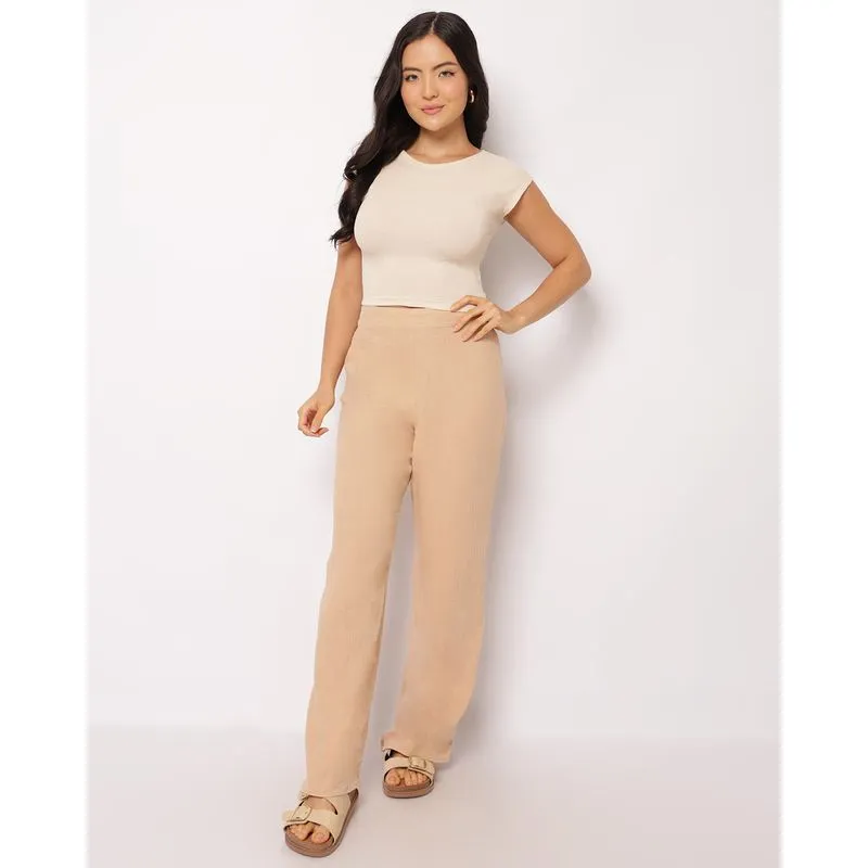 Calça Feminina Berry & Co. Algodão Reta Texturizada Bege G