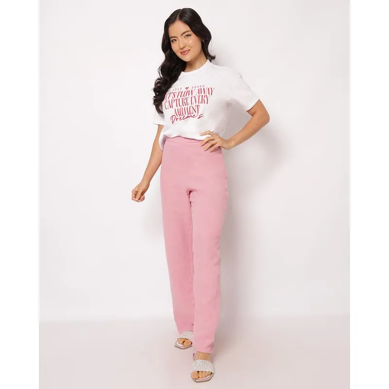 Calça Feminina Berry & Co. Algodão Reta Texturizada Rosa G