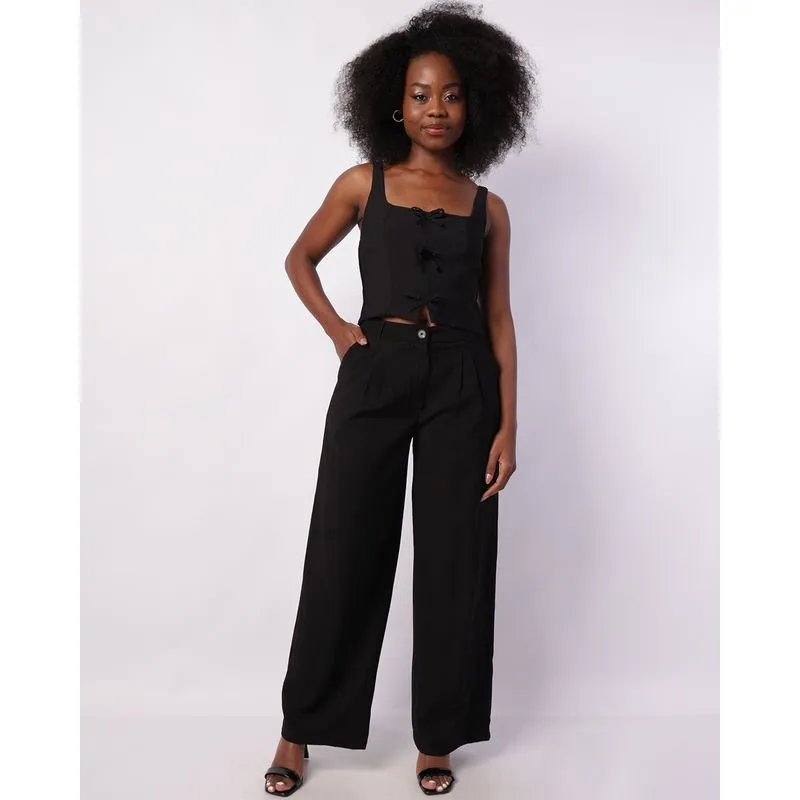 Calça Feminina Pantalona Berry & Co. com Bolsos Pregas Preta GG