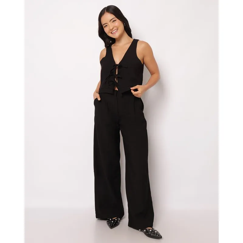 Calça Feminina Berry & Co. Wide Leg Viscose com Pregas Preta P