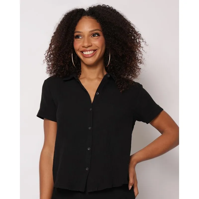 Camisa Feminina Berry & Co. Algodão Manga Curta Preta GG