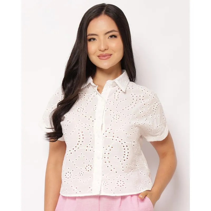 Camisa Feminina Berry &Co. Cropped Algodão Laise Branca M