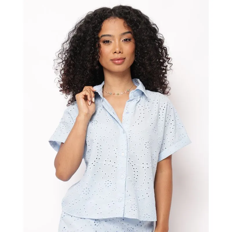 Camisa Feminina Berry & Co. Laise Bordado Manga Curta Azul G
