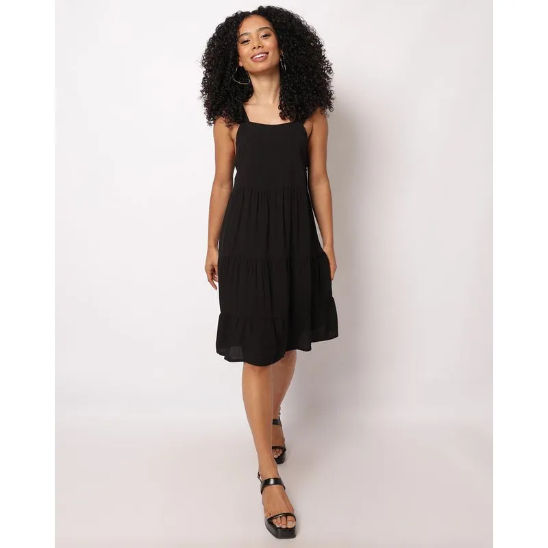 Vestido Feminino Berry & Co. Curto Viscose Alça com Babado Preto GG