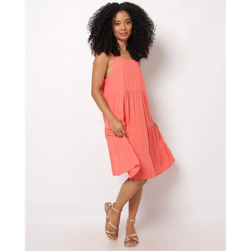 Vestido Feminino Berry & Co. Viscose Alça com Babado Laranja G