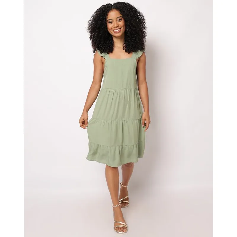 Vestido Feminino Berry & Co. Viscose Alça com Babado Verde M
